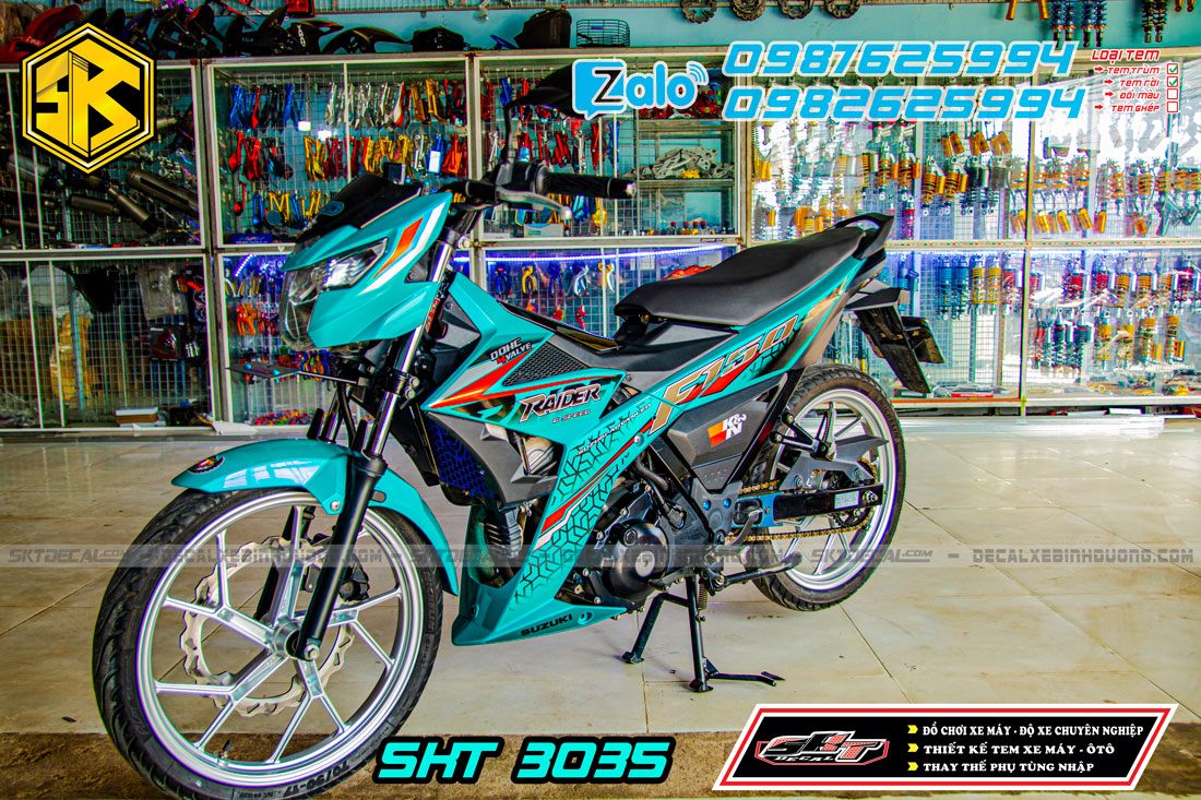 tem trùm xe raider xanh đen candy cao cấp