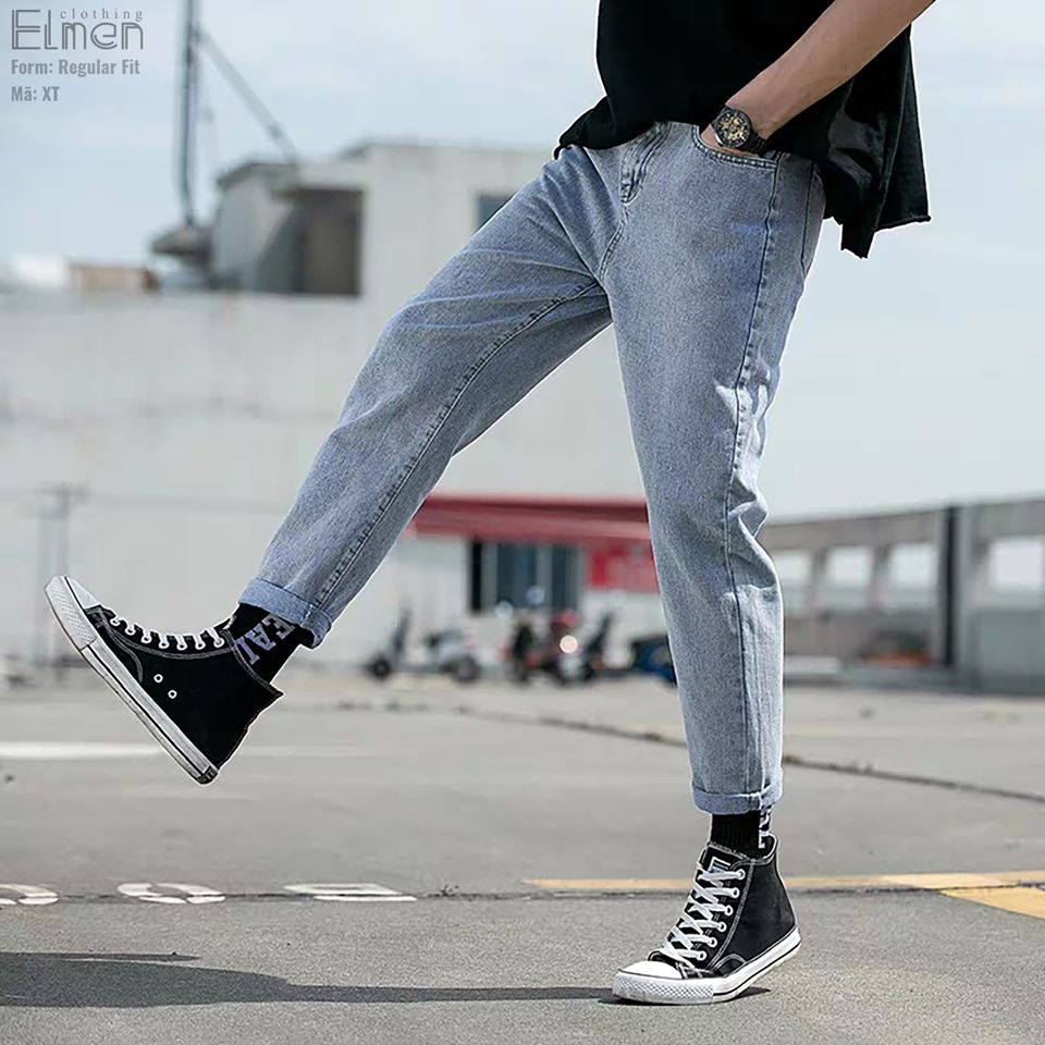 Quần baggy jean xanh trơn co giãn nam nữ unisex