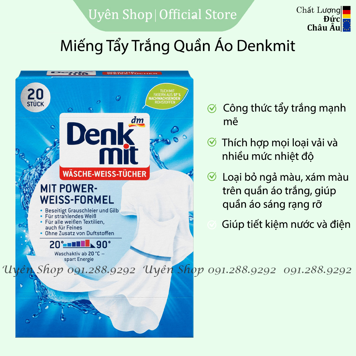 Miếng Tẩy Trắng Quần Áo Denkmit HÀNG ĐỨC Giúp Quần Áo Trắng Sáng Rạng Rỡ, không Ngả Vàng, 20 miếng