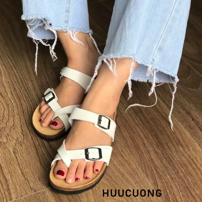 Dép đế trấu nữ xỏ ngón trắng da pu trắng
