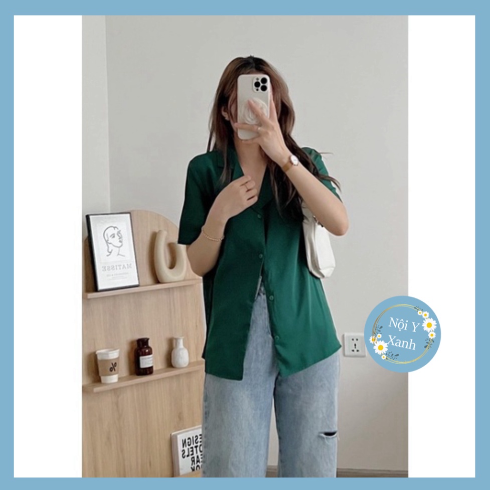 Áo sơ mi cổ vest cộc tay đũi lụa nội y xanh babydoll hot trend