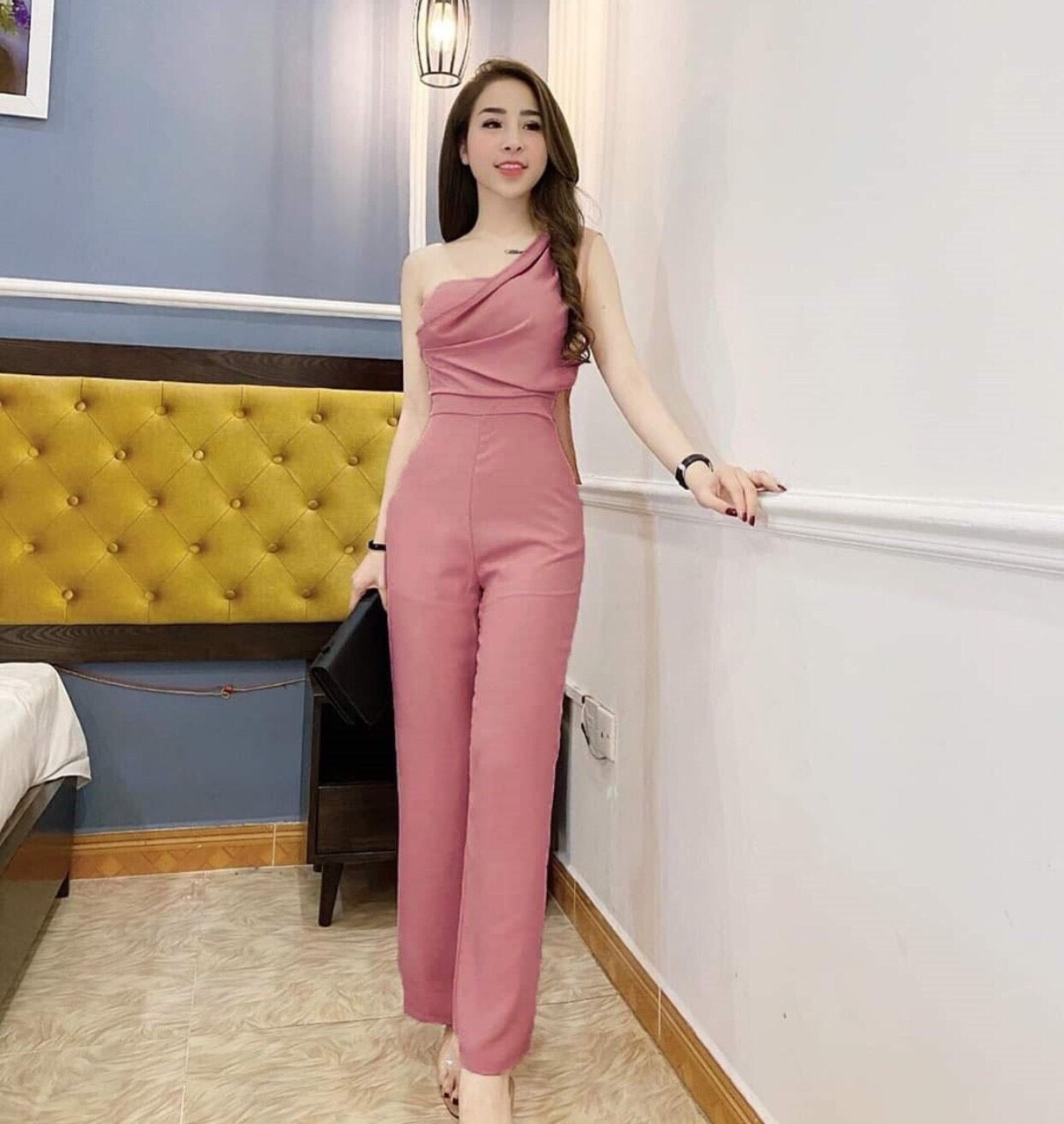[HCM]Jumsuit quần dài lệch vai xếp li