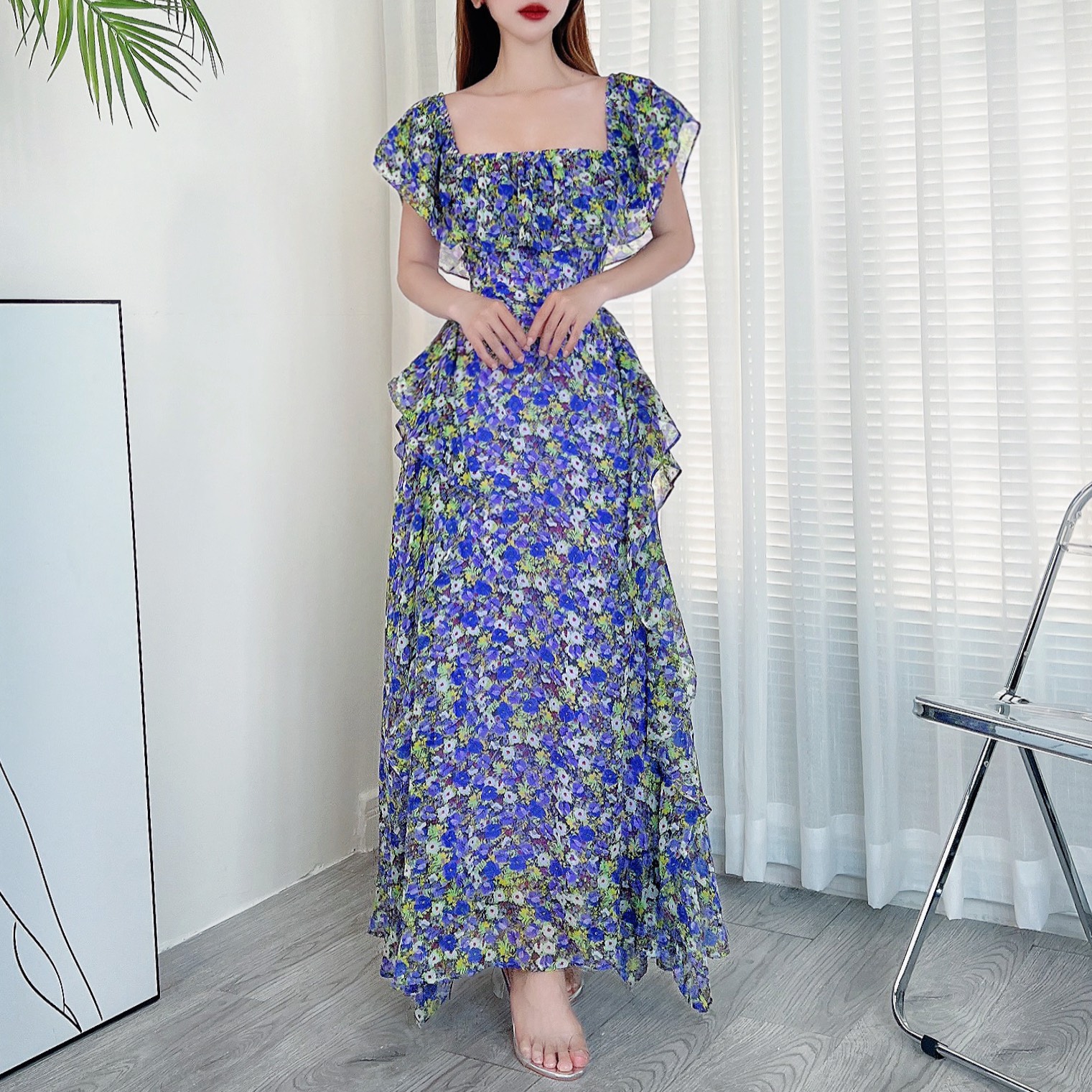 Đầm maxi nữ hoa bèo dọc đuôi cá có thắt eo MIMIX CE5265