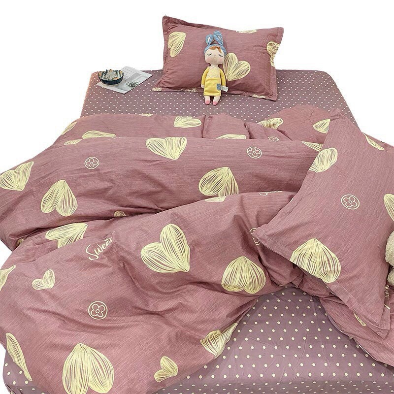 Bộ vỏ chăn ga gối Poly Cotton Nhà Nhím trái tim nâu