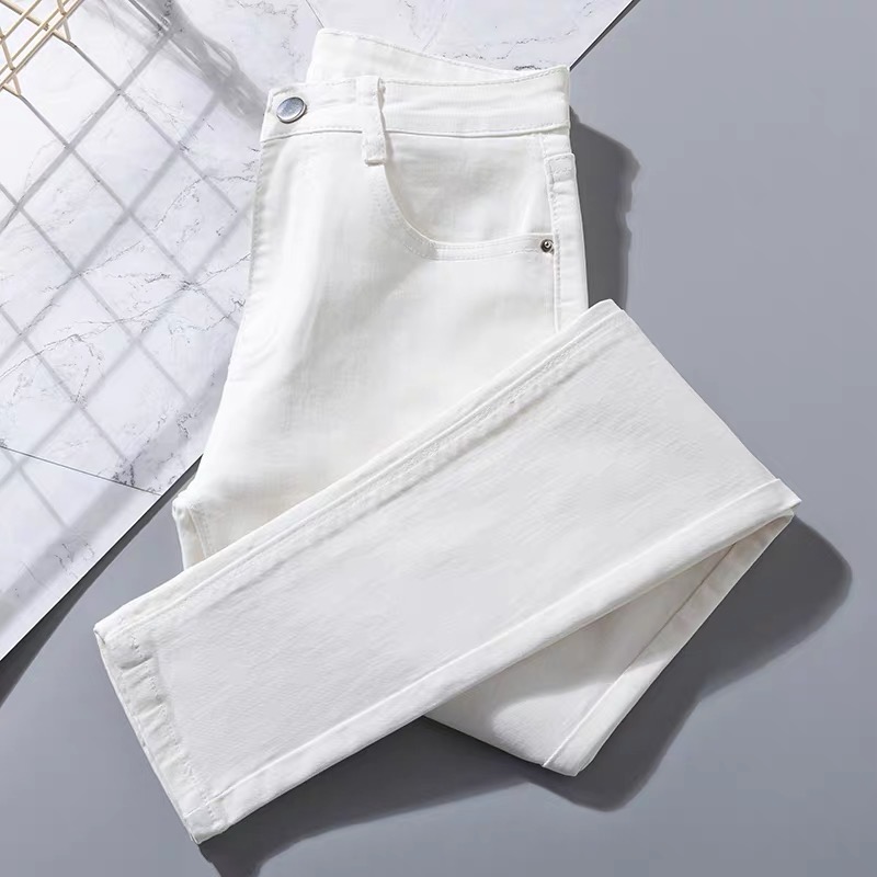 Quần legging jeans trắng co giãn tốt big size 65kg lưng vừa cao cấp