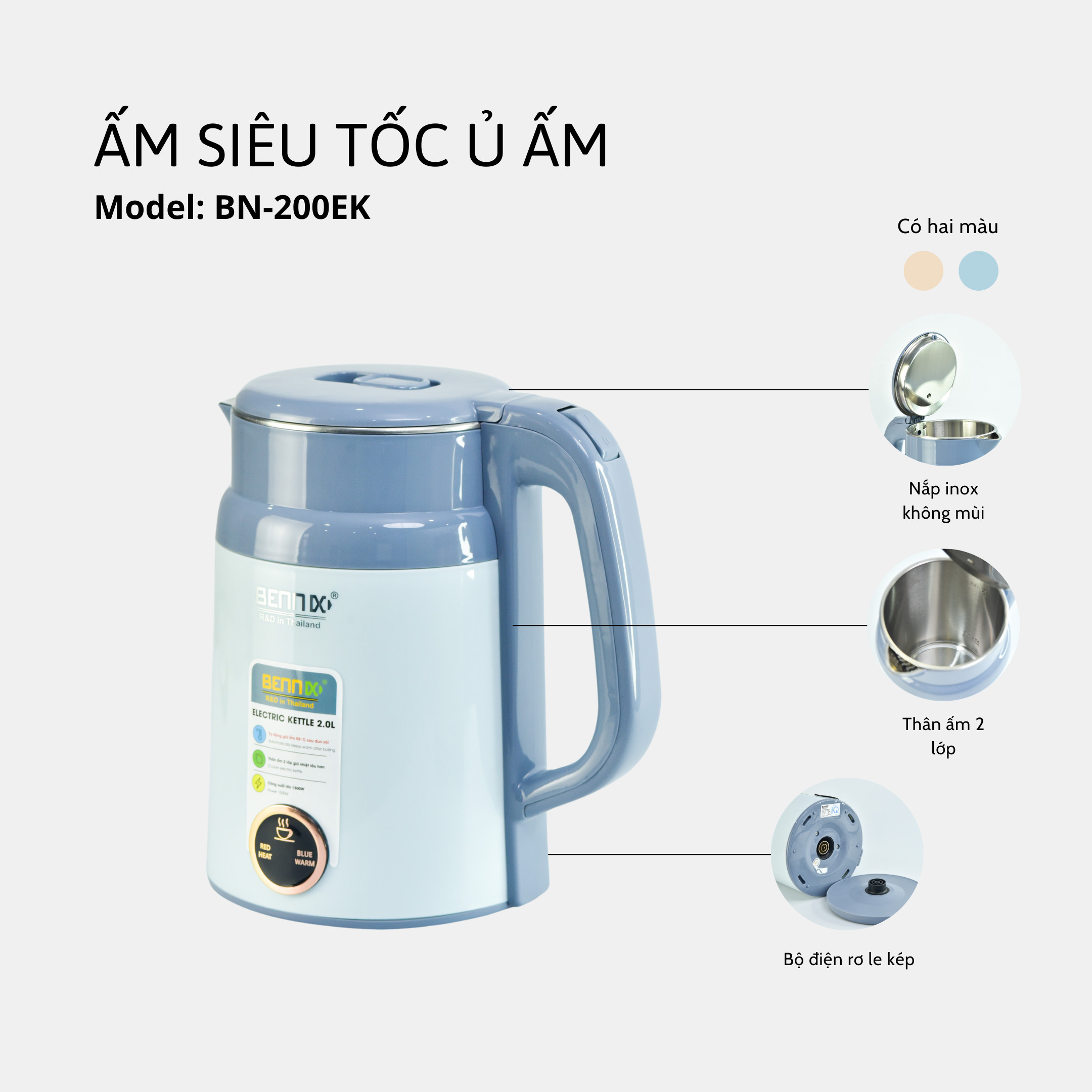 Ấm siêu tốc có chức năng giữ nhiệt dung tích 2l bảo hành 2 năm- bennix bn-200ek