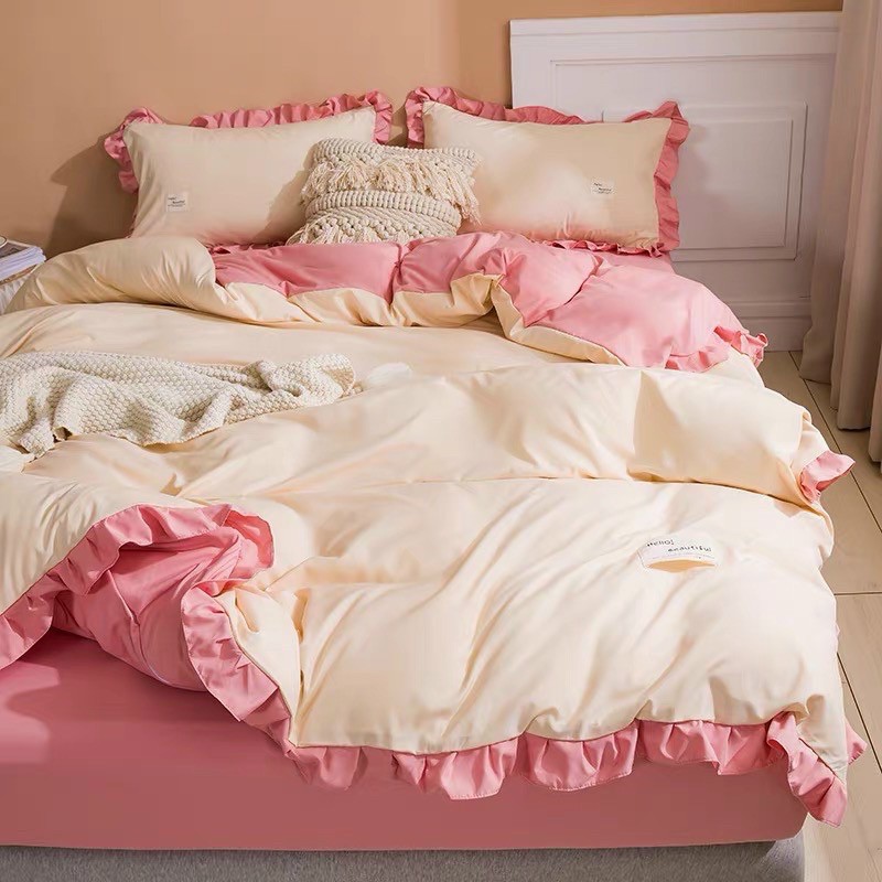 Bộ Chăn Ga Gối Cotton Tici Viền Bèo Phối Hồng Kem