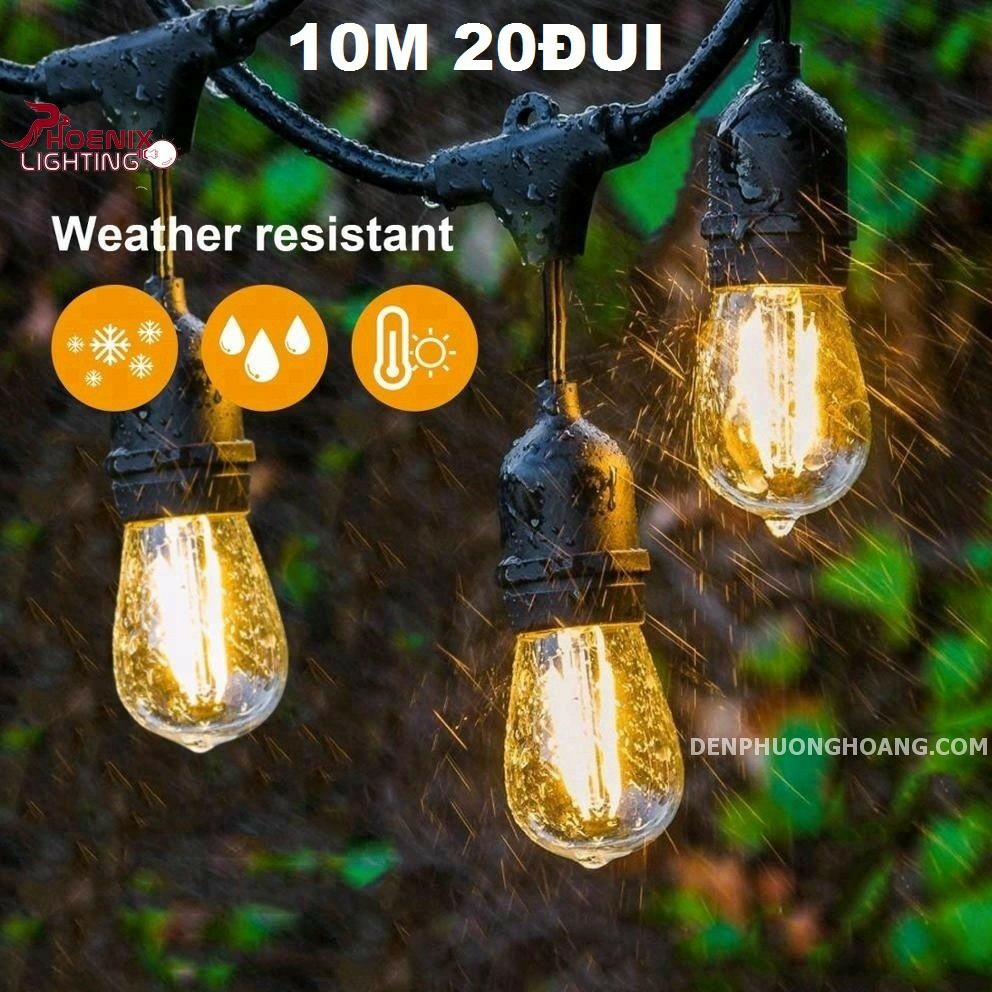 Dây đèn kín nước thả ngoài trời 10 mét 20 đui - E27