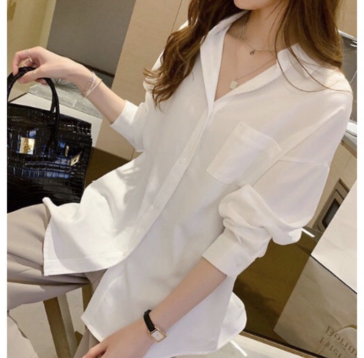 Áo sơ mi tay dài from rộng style học sinh, áo sơ mi trơn unisex 1 túi vải kate mềm min, sơ mi trắng đen