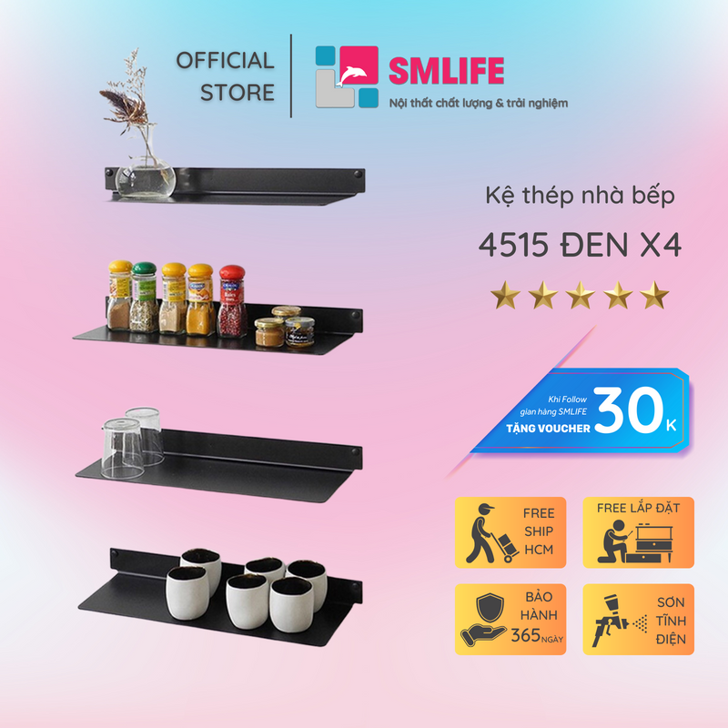 Kệ nhà bếp treo tường 4515 (Set 4) - Kệ treo tường bằng thép dày 1,6mm - Sơn tĩnh điện màu Trắng/ Đen hiện đại - Tặng kèm bộ ốc vít và đầu bịt ốc