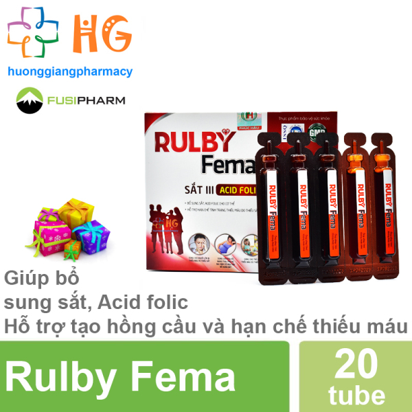 Rulby Fema - Giúp bổ sung sắt, Acid folic Hỗ trợ tạo hồng cầu và hạn chế thiếu máu (Hộp 20 ống) cao cấp