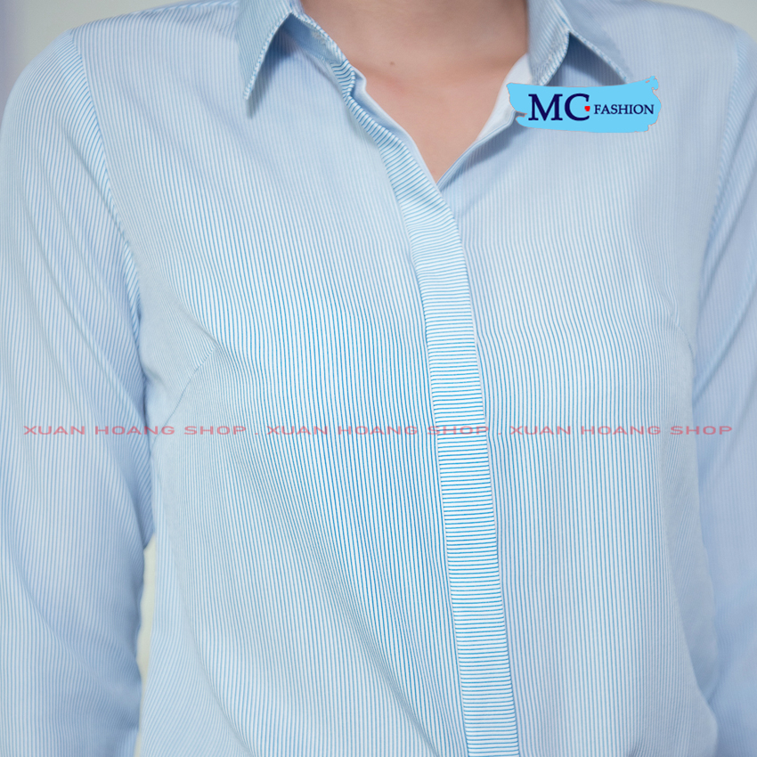 Áo Sơ Mi Nữ Công Sở, MC Fashion, Kiểu Dài Tay, Kẻ Sọc, Cổ Đức Màu Xanh A0298, Hồng