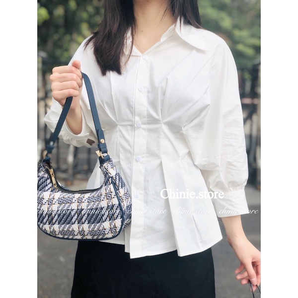 [Hoàn Tiền 25-27/4]áo sơ mi nữ trắng công sở nhúm eo dáng xòe cá tính