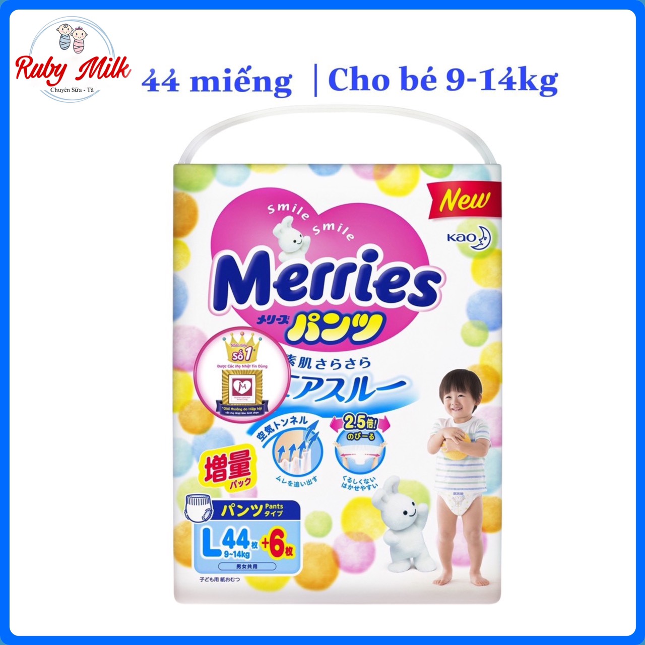 Bỉm Tã Quần Merries Size L44 miếng (Cho bé 9 - 14kg)