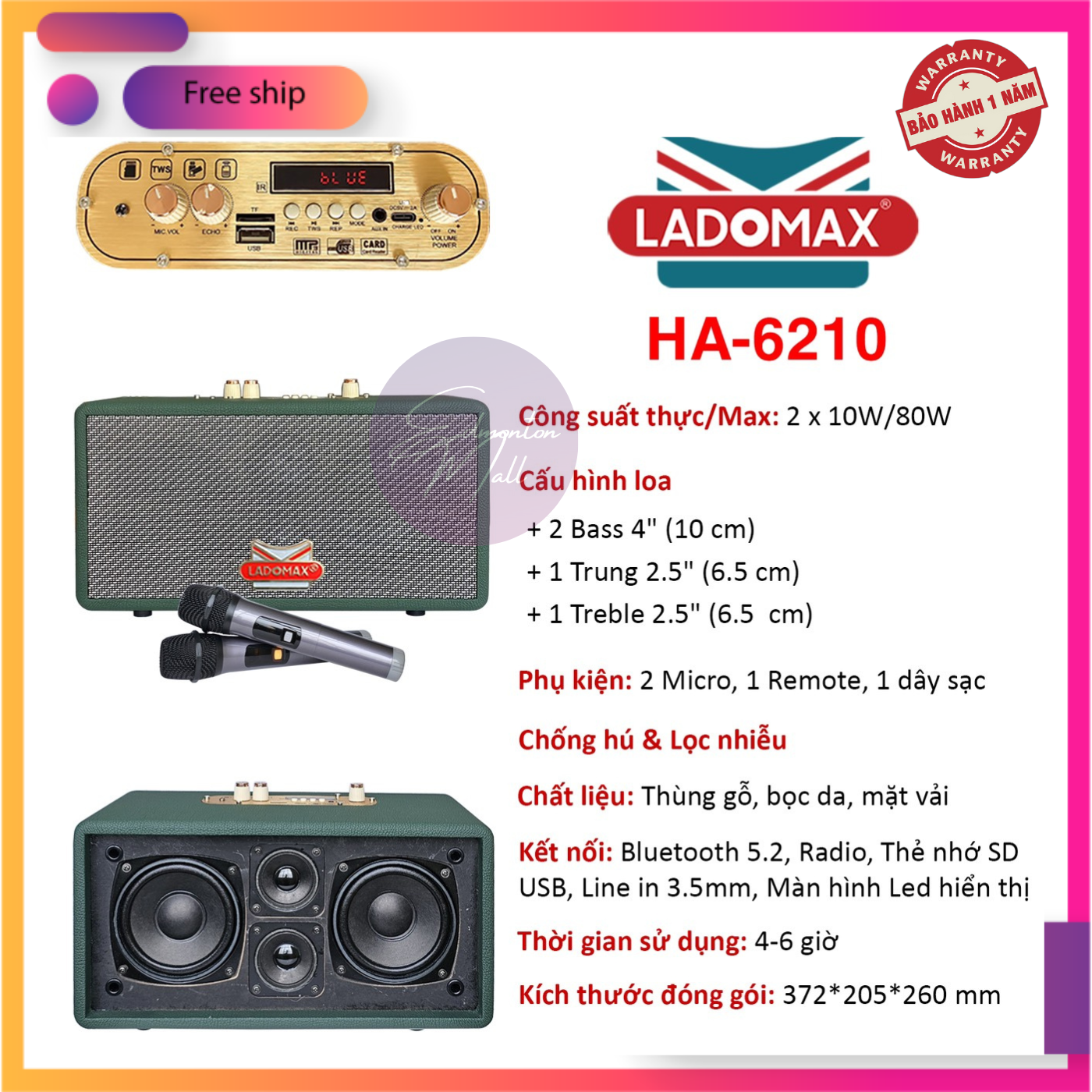 Loa bluetooth karaoke ladomax, loa karaoke xách tay bluetooth 5.2, loa xách tay du lịch tặng 2 micro, chống nhiễu, chống hú, màn hình led hiển thị, bass cực lớn, bh 1 năm