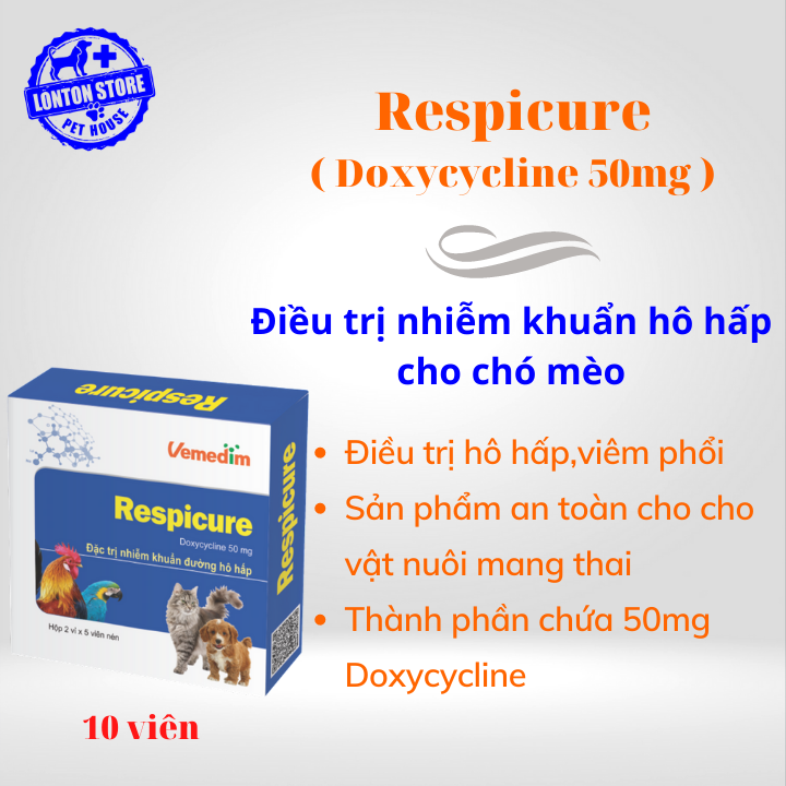 VEMEDIM Respicure - Doxycycline 50mg Trị các nhiễm khuẩn đường hô hấp trên chó mèo, chim cảnh, bồ câu, gà cảnh, gà đá - Lonton store