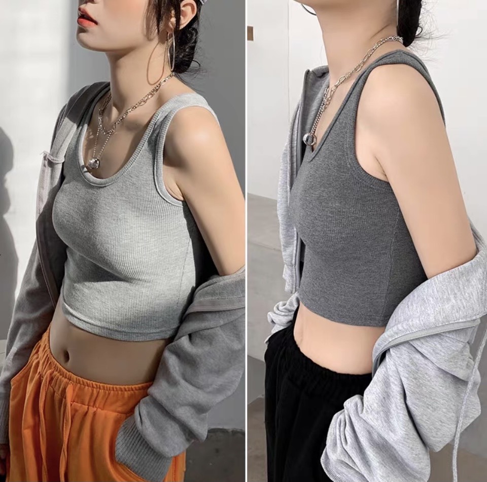 Áo croptop nữ ôm body cổ chữ U co dãn