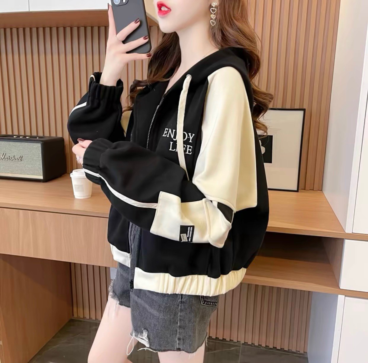 Áo khoác lửng craptop thêu ẹnjoy phối dây kéo bo eo tay bồng chất nỉ dày hot trend - u76