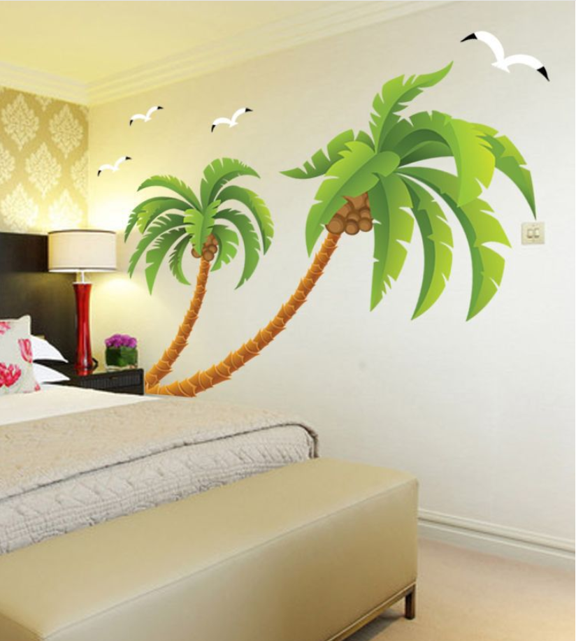 HCM Decal trang trí tường - Cây Dừa Bãi Biển Xanh Lá size lớn ( 2 tấm )