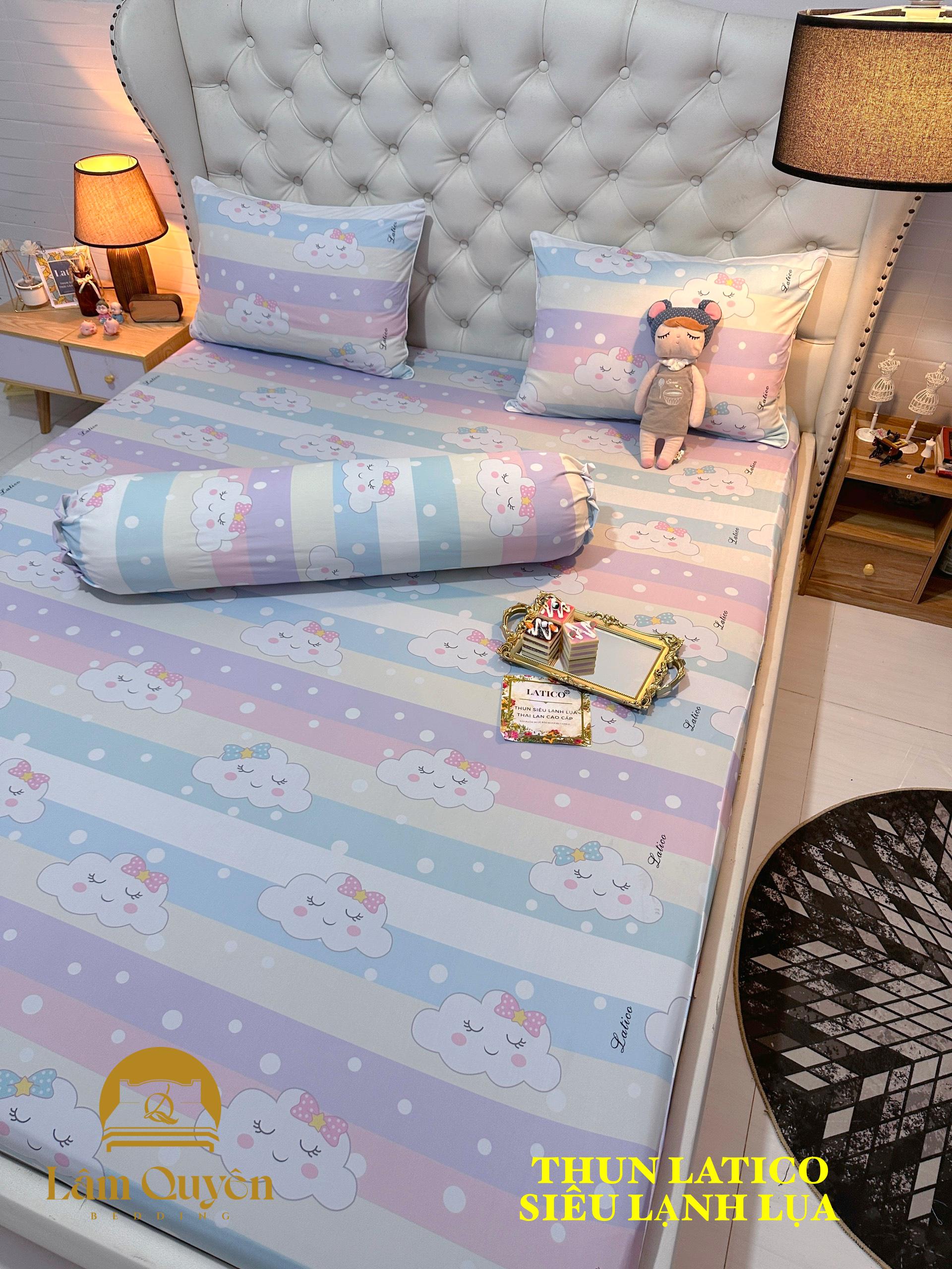 Bộ ga giường thun Latico siêu lạnh Lụa (áo gối ôm khóa kéo) mẫu Mây cầu vồng