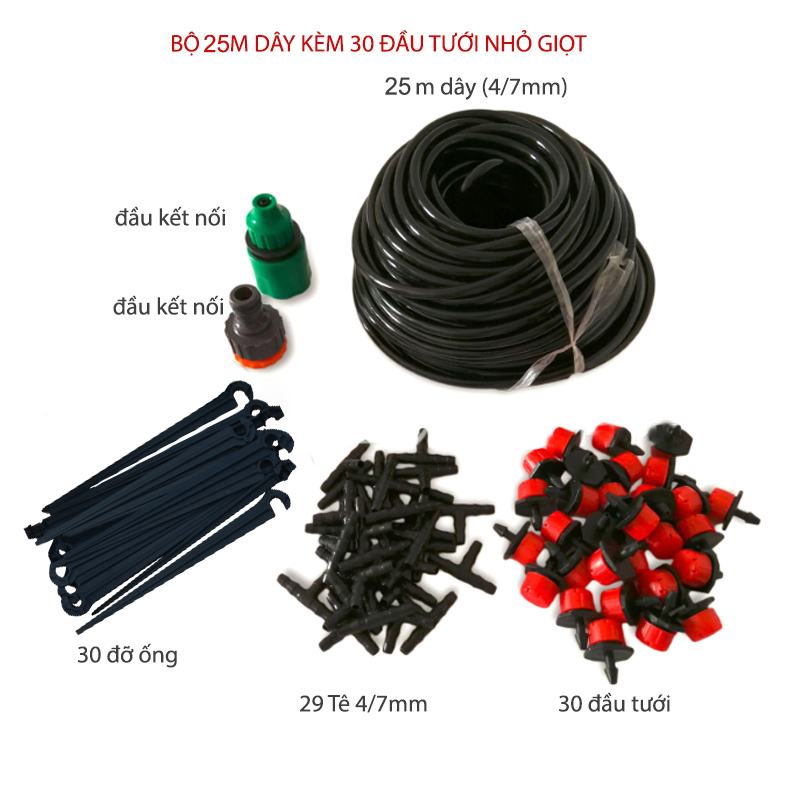 Bộ 30 đầu tưới cây nhỏ giọt kèm 25m ống PVC 4/7mm và phụ kiện đấu nối