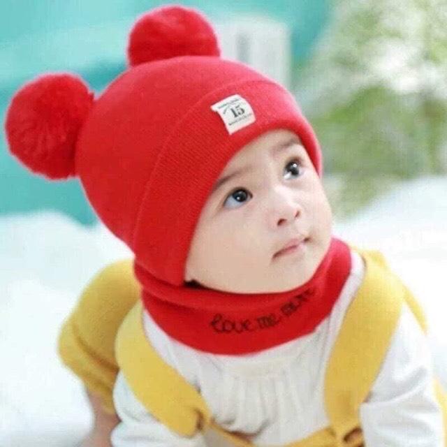 Set mũ kèm khăn ống cho bé gái bé trai quàng cổ gọn gàng chất liệu len mềm mịn