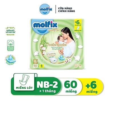 Miếng lót Molfix Thiên Nhiên (NB2 60+6 > 1 tháng, tổng 66 miếng)