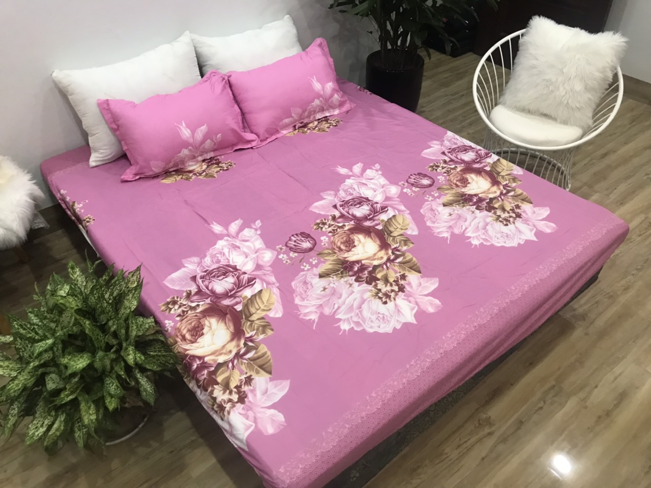 Set Ga Gối Cotton Poly Mẫu Trà Hồng p2 ( gồm 1 ga + 2 vỏ gối )
