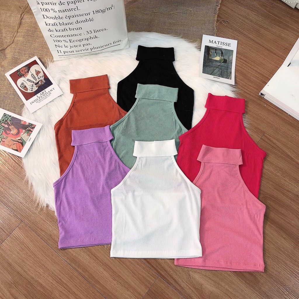 Áo yếm croptop cổ cao cài nút sau xinh thun gân đẹp