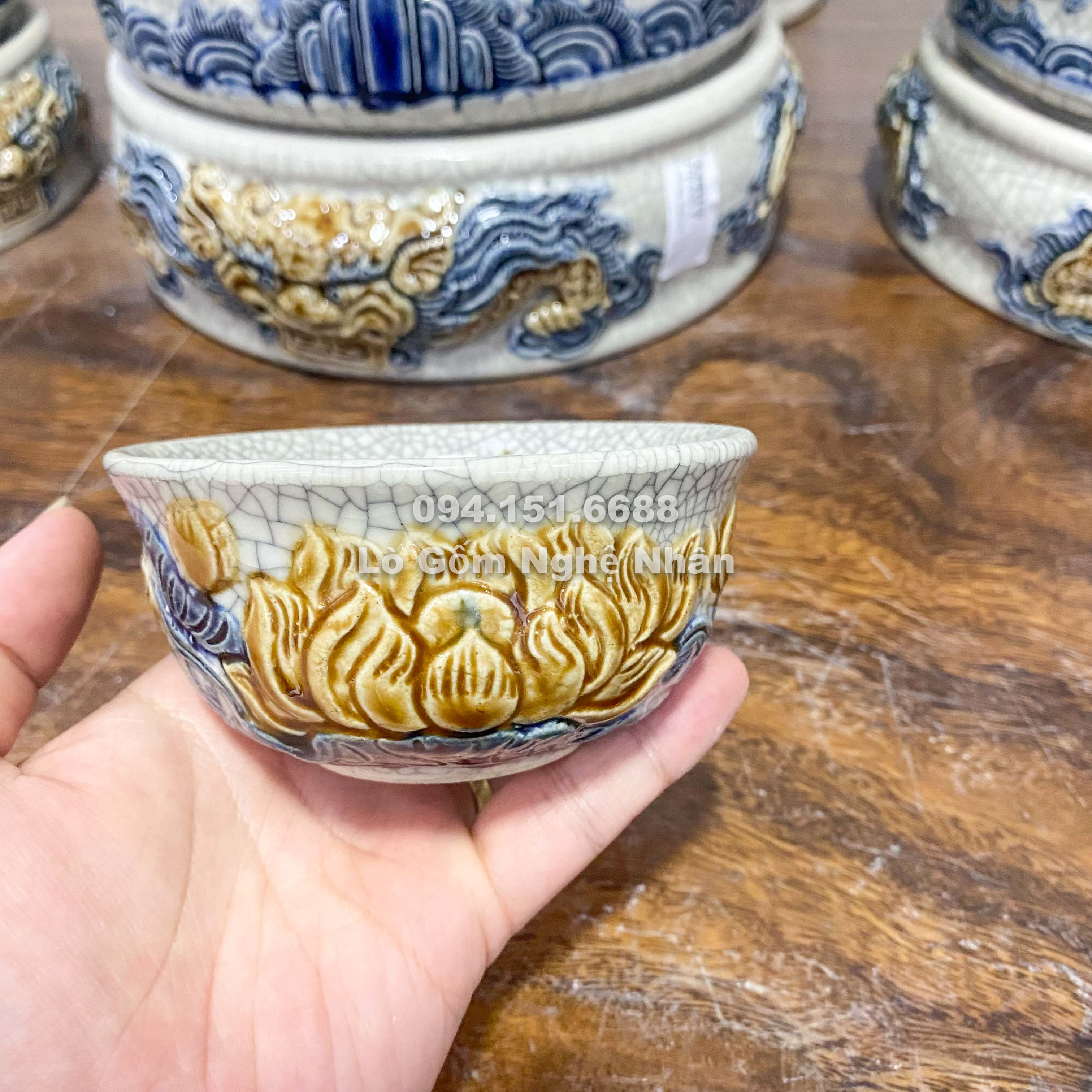 Bát cúng, bát cơm bộ đắp nổi đồ thờ men rạn bát tràng nghệ nhân chế tác