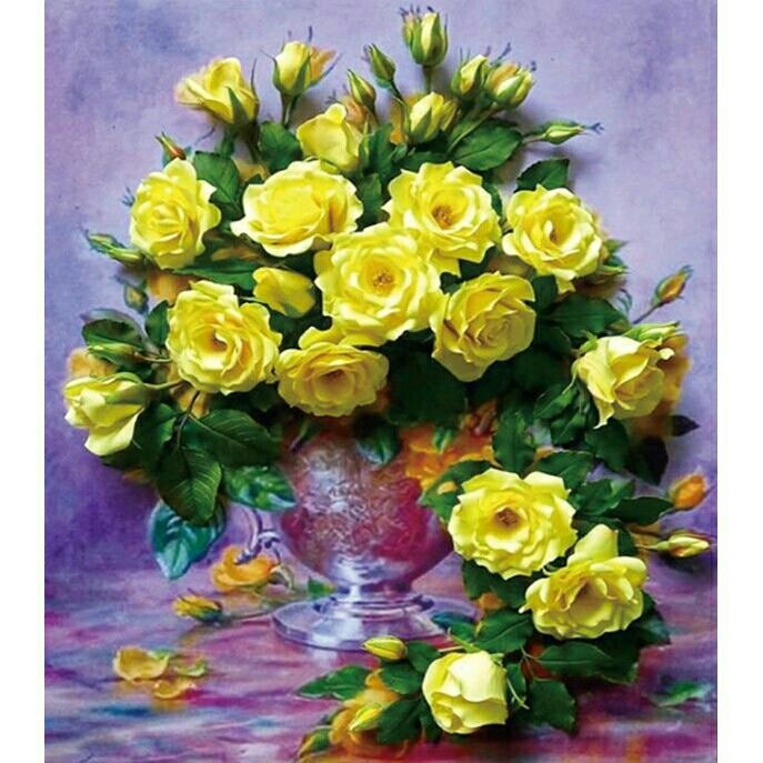 Tranh đính đá bình hoa hồng vàng kích thước 50×60cm
