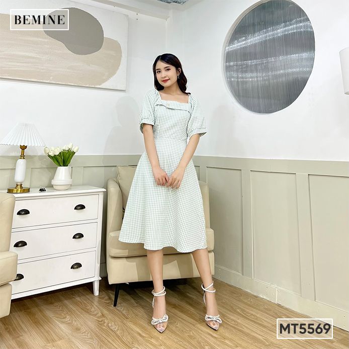 Đầm vai chun ngực đính nút BEMINE MT5569