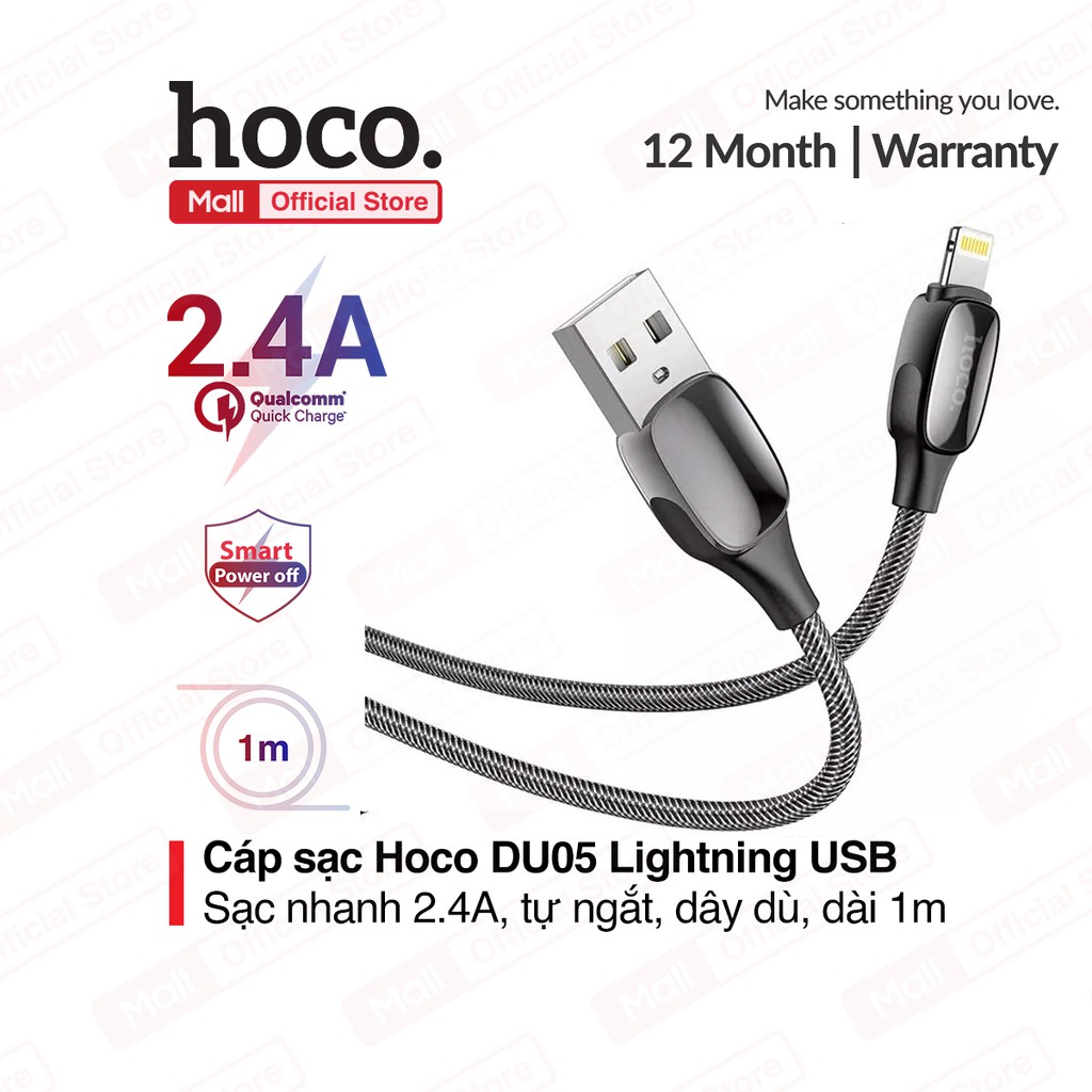 Cáp sạc nhanh Hoco DU05 Lightning USB có đèn báo sạc và tự ngắt sạc thông minh khi đầy pin, dây bọc dù, dài 1m
