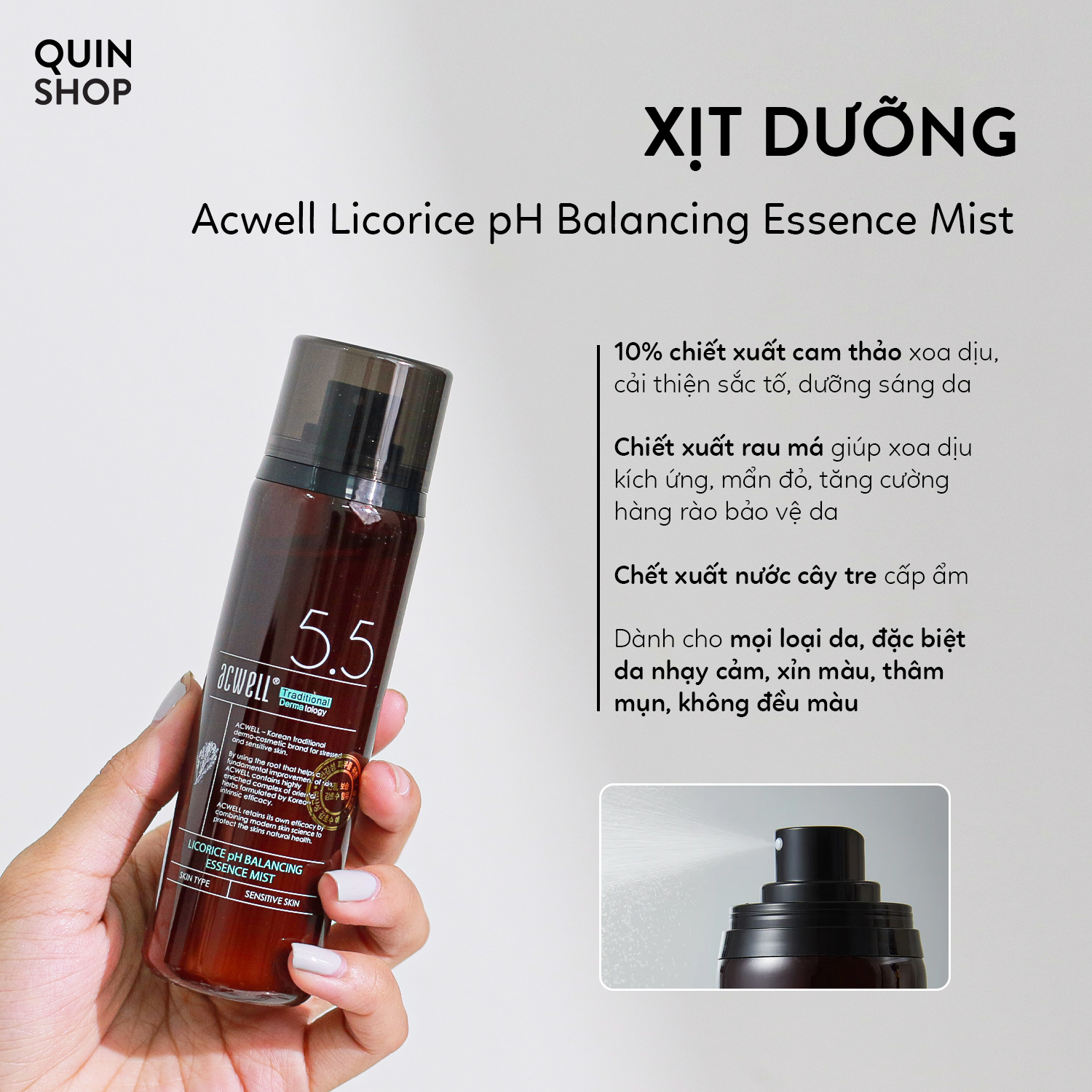 Xịt Dưỡng Và Nước Cân Bằng Sáng Da Acwell Licorice pH Balancing Essence Mist, Cleansing Toner
