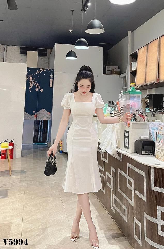 Đầm Lụa Trắng Dáng Dài Tiểu Thư Midi Lái Đuôi Cá - Váy Dự Tiệc Cưới Cổ Vuông Ulzzang
