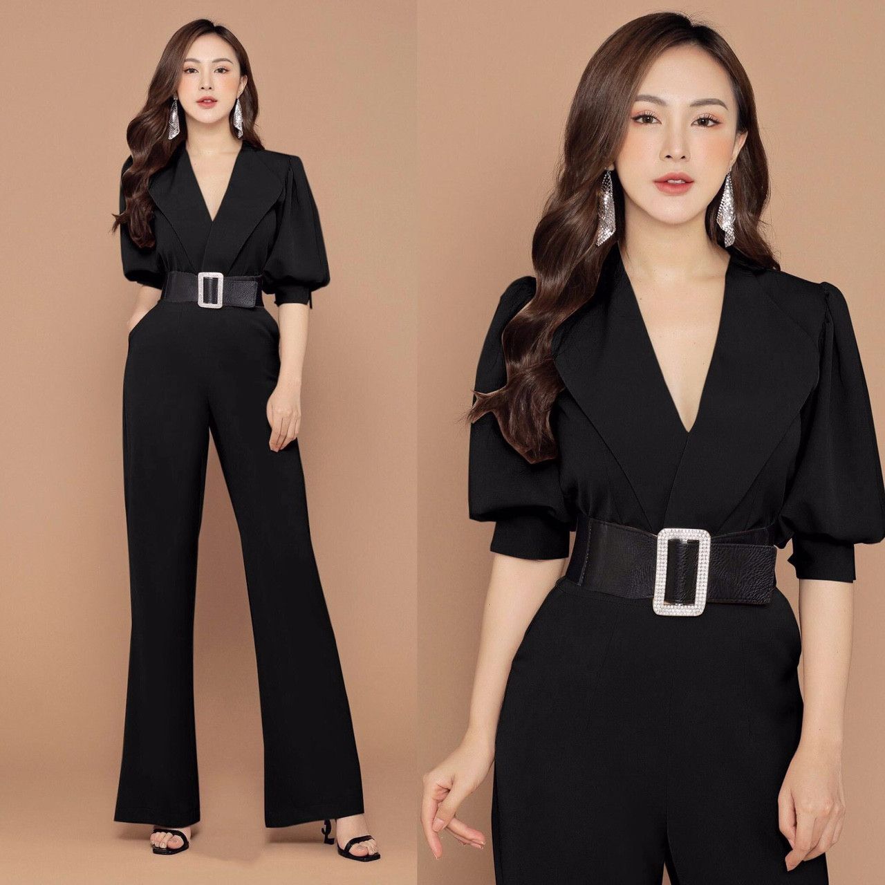 Jmsuit cổ vest tay phồng (Giá chưa kèm nịt)