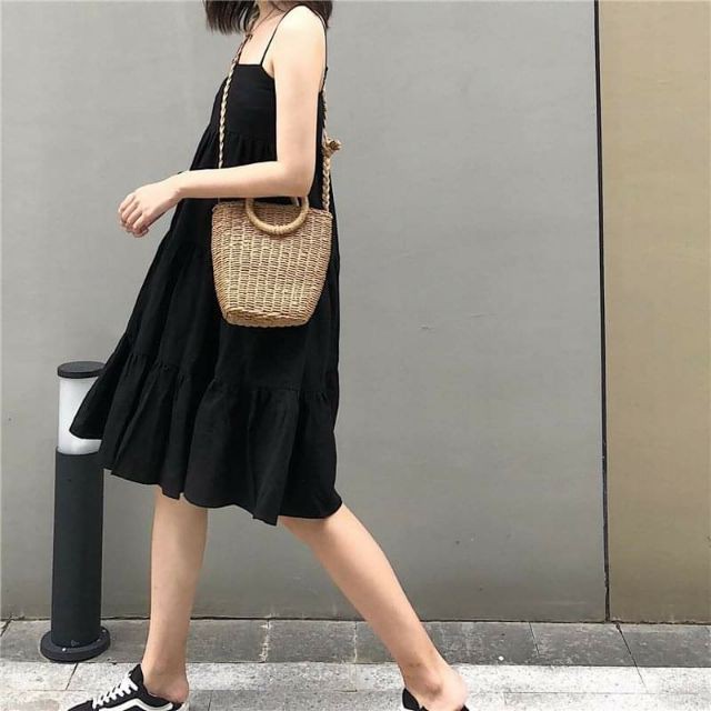 Đầm Maxi Đen Nữ 2 Dây Hở Lưng