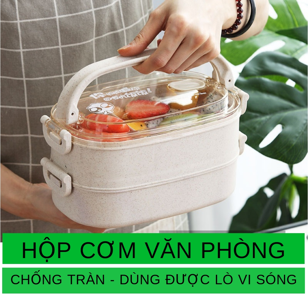 Hộp đựng thức ăn 2 tầng nắp chống tràn chất liệu Nhựa rơm lúa mạch