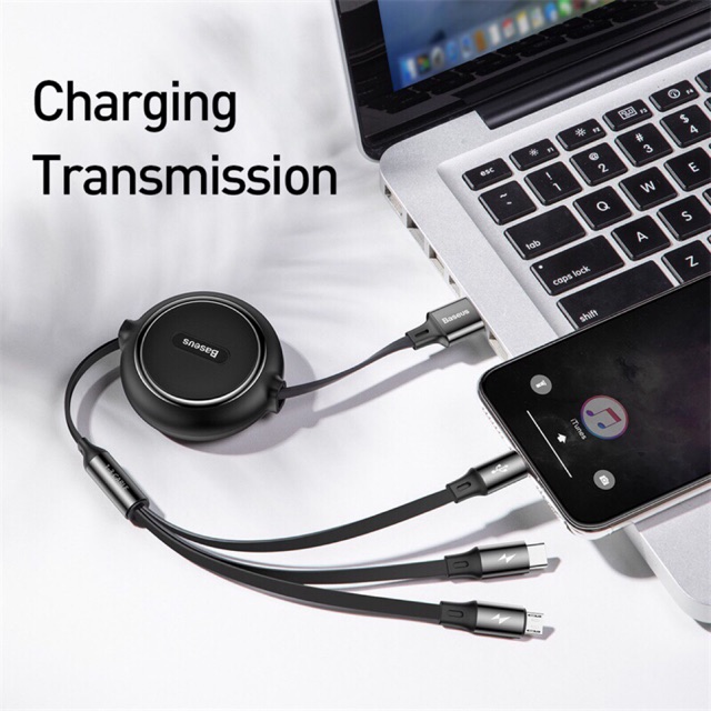 Cáp baseus 3 đầu micro Type-C và lingtning có thể rút ra rút vào được- Dây sạc baseus kiểu gọn hỗ trợ sạc nhanh