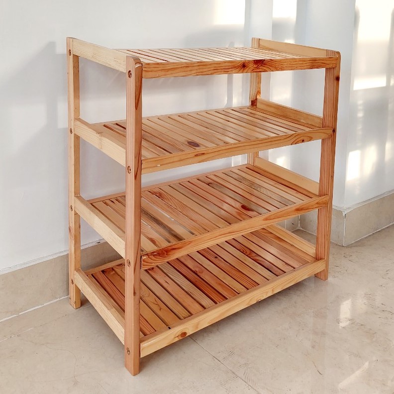 Kệ giày gỗ thông 4 tầng nan nghiêng ngang 63cm - gỗ song bản