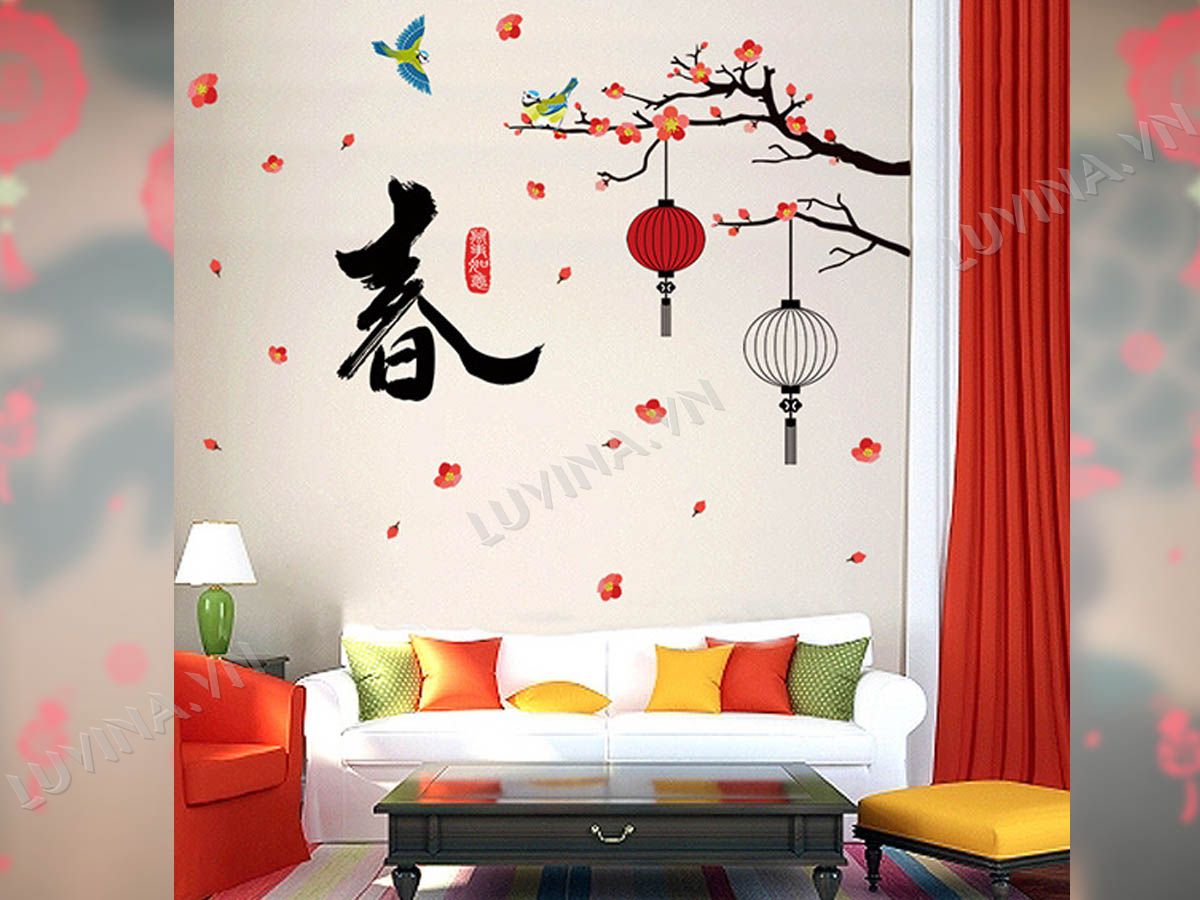 [HCM]DECAL DÁN TƯỜNG TẾT CÀNH ĐÀO TREO ĐÈN LỒNG TRẮNG ĐỎ