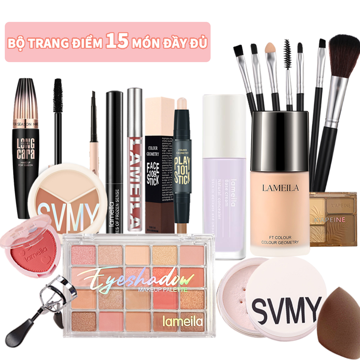 Combo set trang điểm LAMEILA 15 món Kem BB+Phấn phủ+Phấn mắt+Mascara+Chì kẻ mày+Kem Lót Cách Ly Kem +Son kem+bút tạo khối 2 đầu+kẻ mắt+Phấn má hồng+kẹp bấm mi+Bóng mắt lỏng+Bộ cọ trang điểm+Kem che khuyết điểm+Mút trang điểm