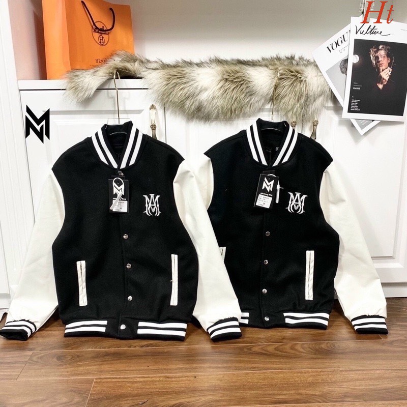 Áo bomber cúc bấm phối tay họa tiết chữ M  móng vuốt/ Áo khoác  nam nữ form rộng unisex kẻ viền xinh xắn_