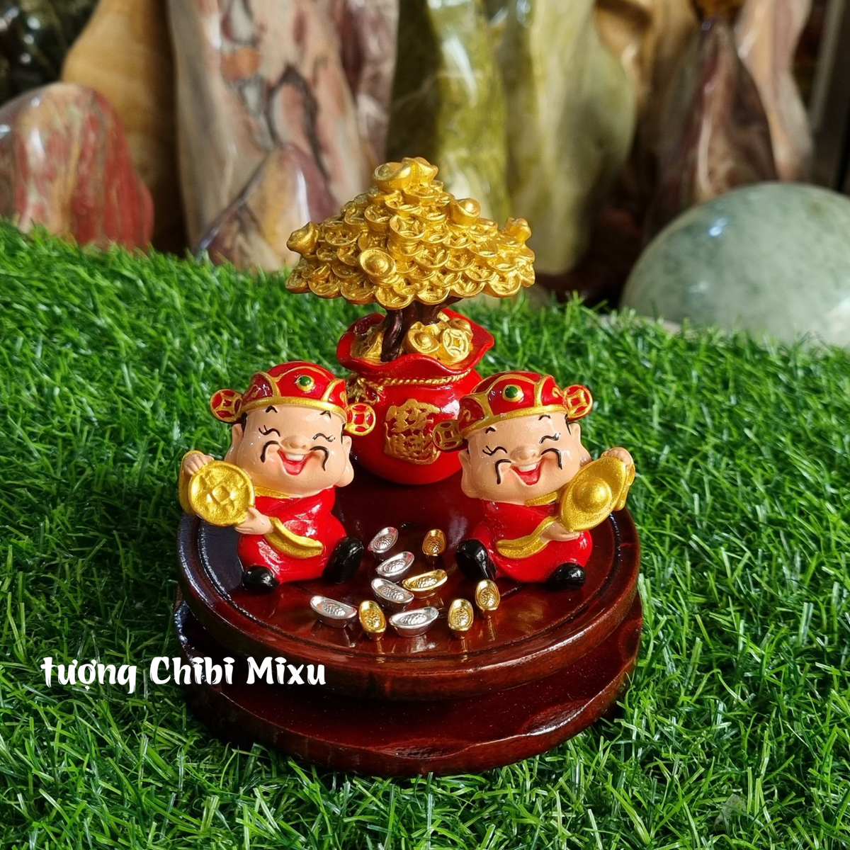 Combo thần tài - thổ địa (02 tượng 4cm + cây tiền + 05 thỏi vàng + 05 thỏi bạc + đế 8cm)