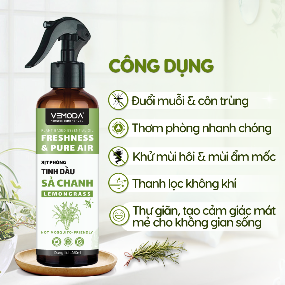 Xịt thơm phòng tinh dầu Sả chanh Vemoda 260ml