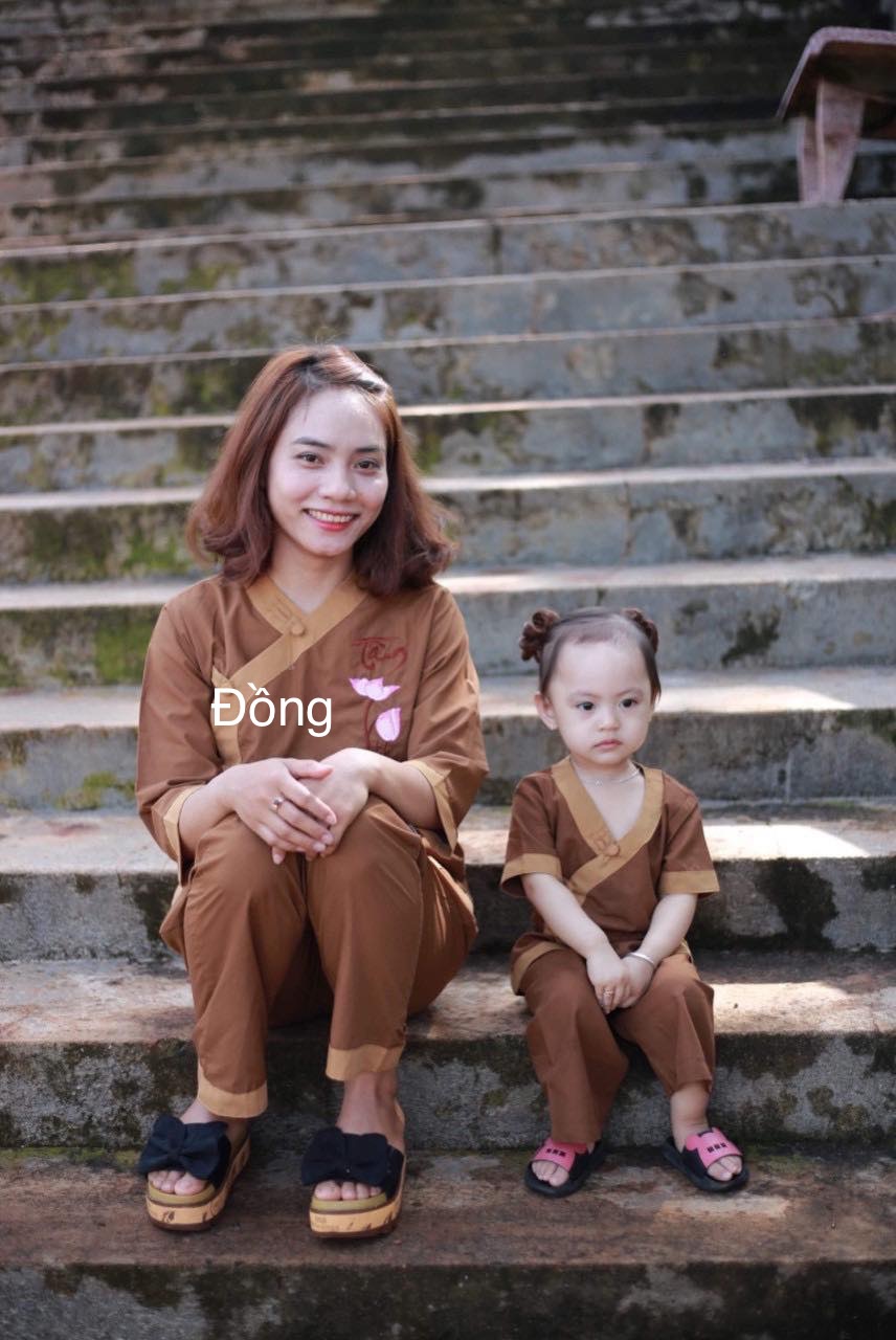 [HCM]Áo lam đi chùa tim phối thêu hoa sen