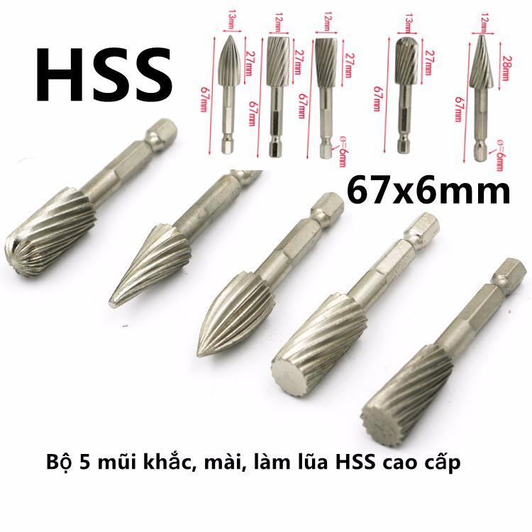 Bộ 5 mũi khắc, mài, làm lũa hss cao cấp-lõi 6mm