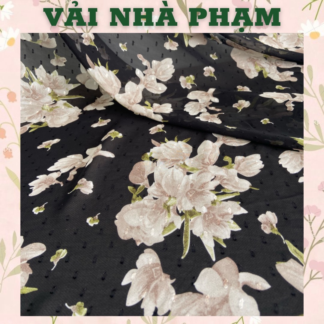 Voan lụa nẩy hạt hoạ tiết hoa trắng to nền đen-khổ 1.5m-vải nhà phạm