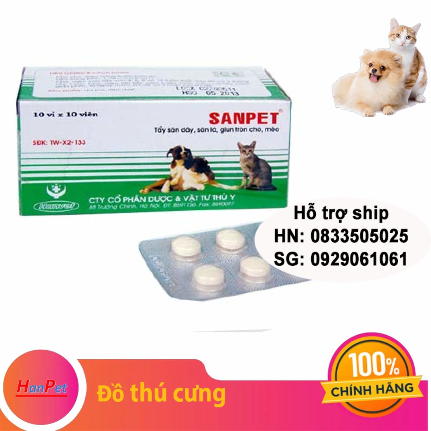Hanpet - 1 viên XỔ GIUN SANPET - ( 303) tẩy giun chó / tẩy sán chó / tẩy giun chó mèo / xổ giun chó mèo / so lai cho /- HP10522TC