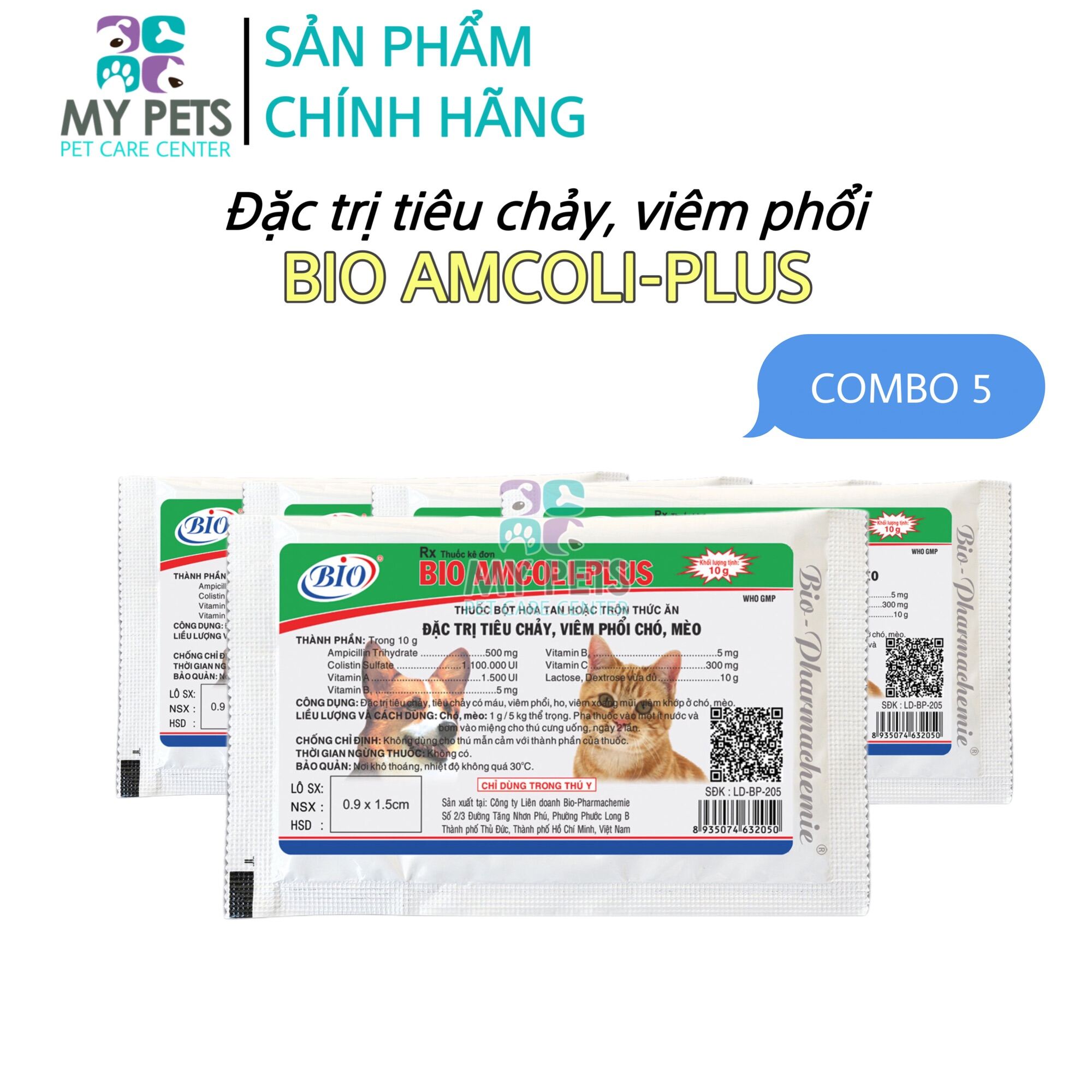Thuốc trị tiêu chảy viêm phổi cho chó mèo - 5 gói Bio Amcoli Plus
